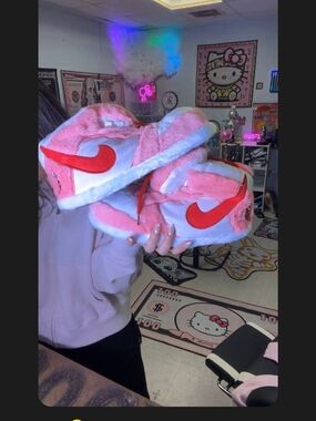 Nike Pink and White Fuzzy Slide Sandals with Red Swoosh